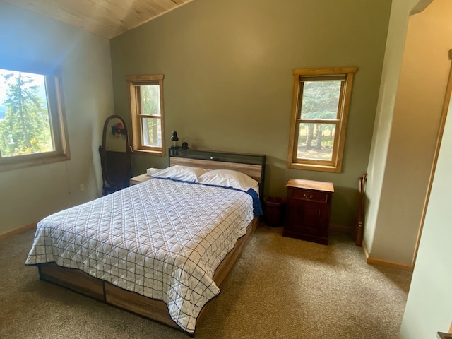 carpeted bedroom featuring lofted ceiling, baseboards, and multiple windows
