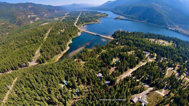 birds eye view of property with a forest view and a water and mountain view
