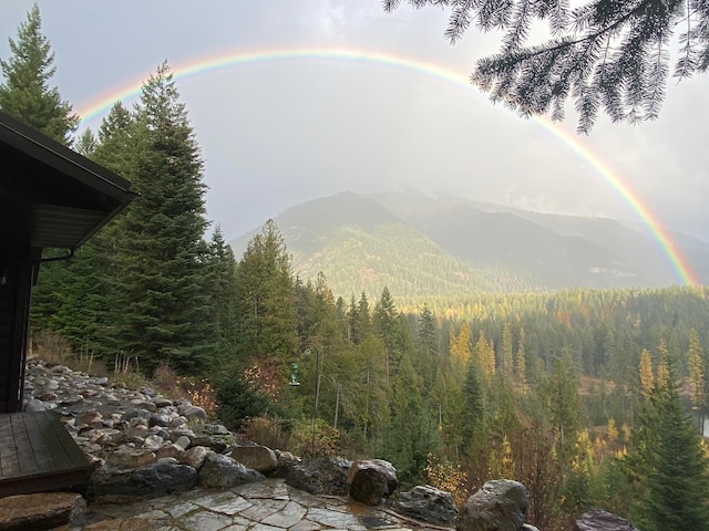 property view of mountains featuring a forest view
