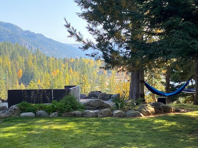 exterior space with a lawn, a mountain view, and a wooded view