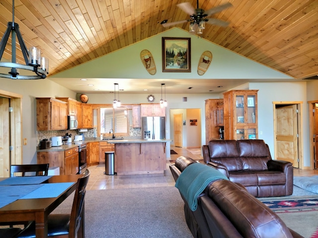 carpeted living room with wood ceiling, sink, ceiling fan, and high vaulted ceiling