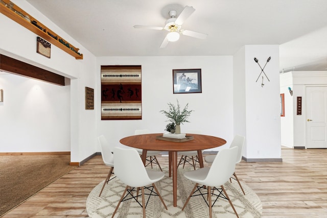 dining room with light wood-type flooring and ceiling fan