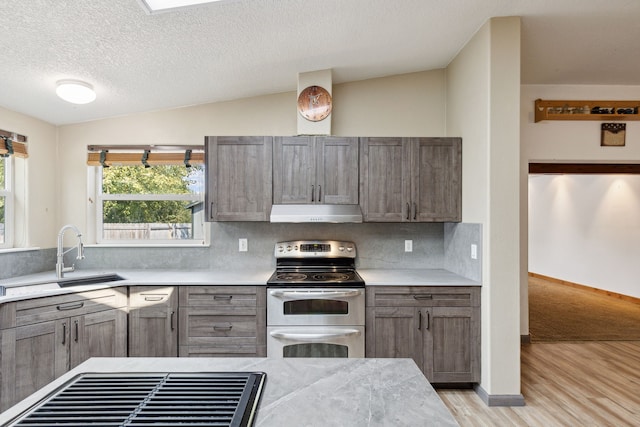 kitchen featuring vaulted ceiling, light hardwood / wood-style flooring, electric range, and decorative backsplash