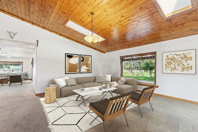 living room with high vaulted ceiling, a skylight, light colored carpet, and wooden ceiling