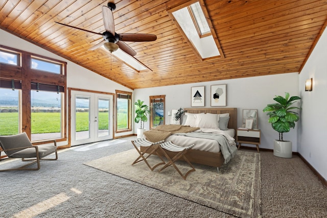 carpeted bedroom featuring ceiling fan, wood ceiling, and access to outside