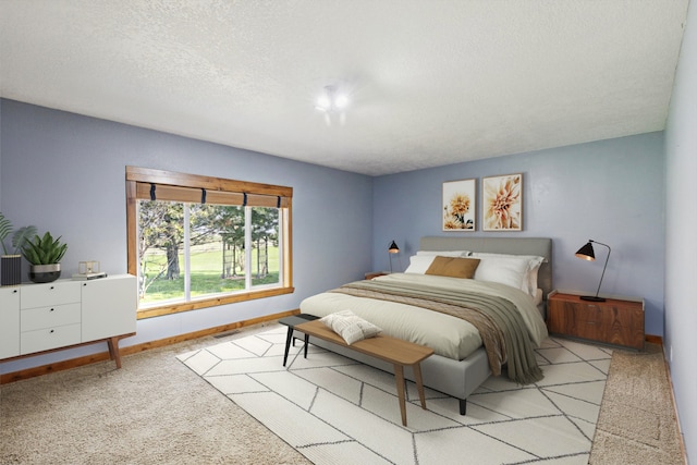 carpeted bedroom with a textured ceiling