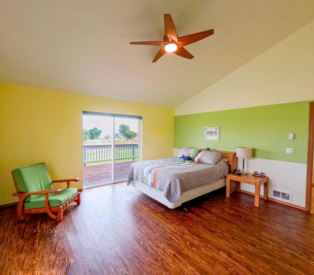 bedroom featuring access to exterior, ceiling fan, vaulted ceiling, and dark hardwood / wood-style flooring