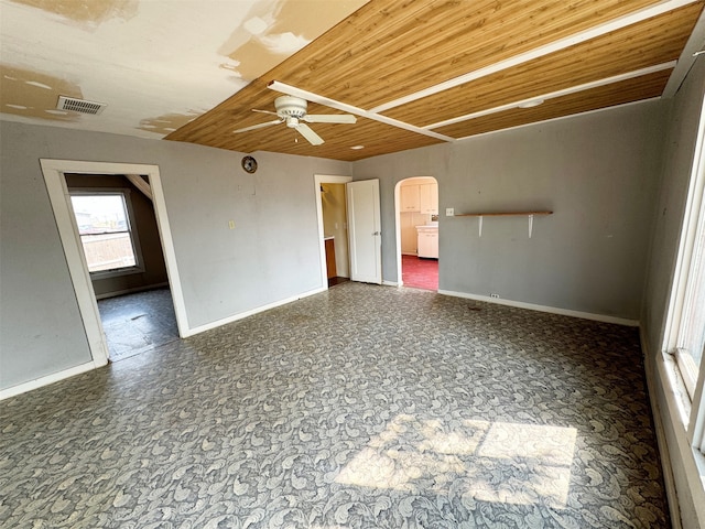 empty room featuring wood ceiling and ceiling fan