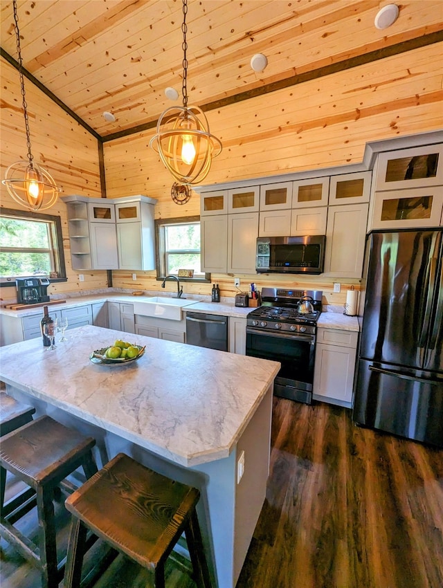 kitchen featuring plenty of natural light, decorative light fixtures, and stainless steel appliances