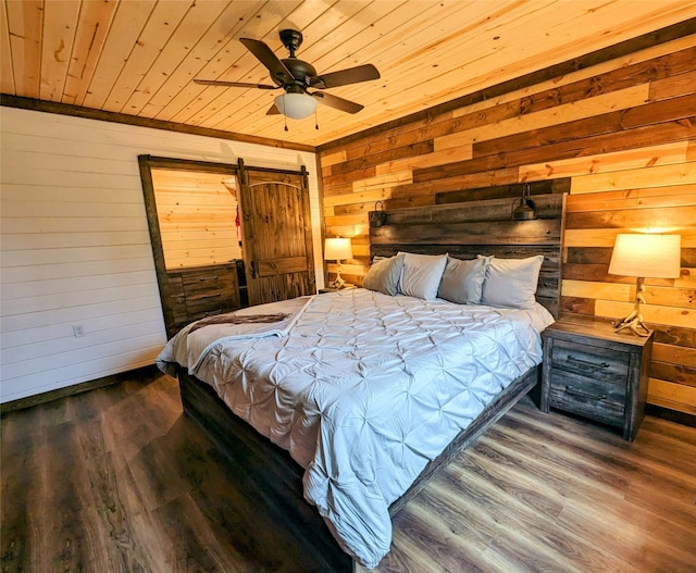 bedroom featuring wood ceiling, ceiling fan, wooden walls, and dark hardwood / wood-style flooring