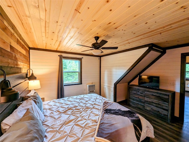 bedroom featuring wood ceiling, ceiling fan, and wooden walls