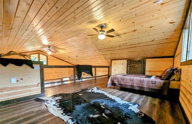 bedroom featuring lofted ceiling, wood ceiling, and hardwood / wood-style flooring