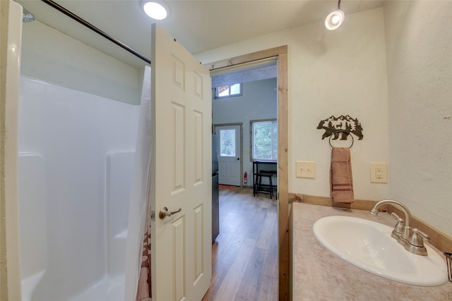 bathroom with walk in shower, vanity, and hardwood / wood-style floors