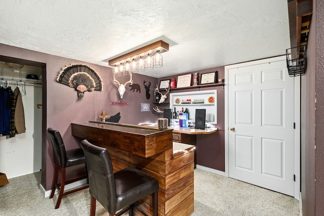 bar with light carpet and a textured ceiling