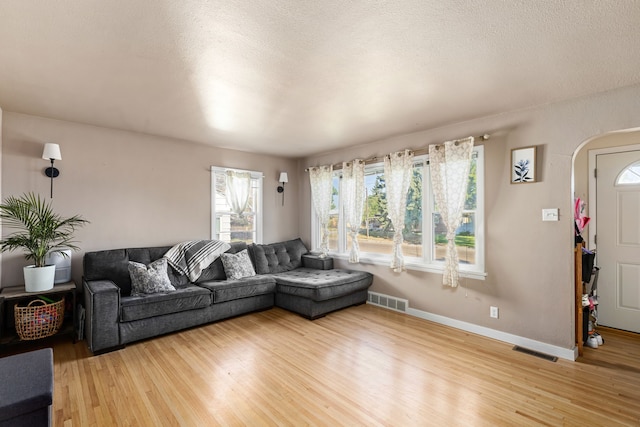 living room featuring a textured ceiling and light hardwood / wood-style floors