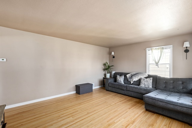 living room featuring light wood-type flooring and a textured ceiling