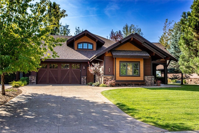 craftsman-style home with a front lawn, stone siding, roof with shingles, concrete driveway, and an attached garage