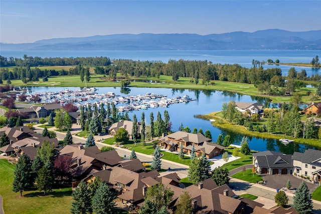 birds eye view of property featuring a residential view and a water and mountain view