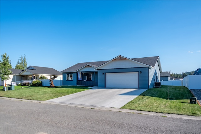 ranch-style house with a front yard and a garage