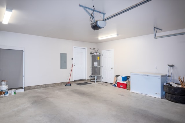 garage with a garage door opener, electric panel, secured water heater, and fridge