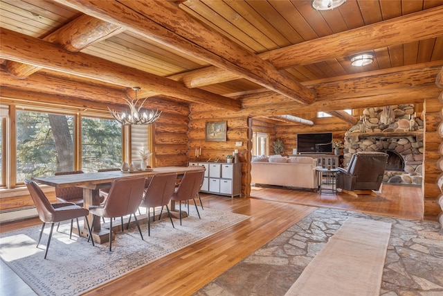 2100 Four Mile Way, Kalispell, MT 59901 - dining area with rustic walls, hardwood / wood-style floors, a stone fireplace, a wooden ceiling with exposed beams, and a chandelier