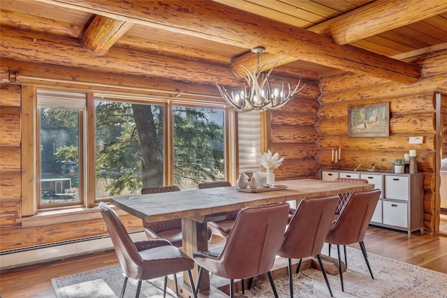 2100 Four Mile Way, Kalispell, MT 59901 - dining area with a chandelier, wood finished floors, a wood ceiling with exposed beams, rustic walls, and a baseboard radiator