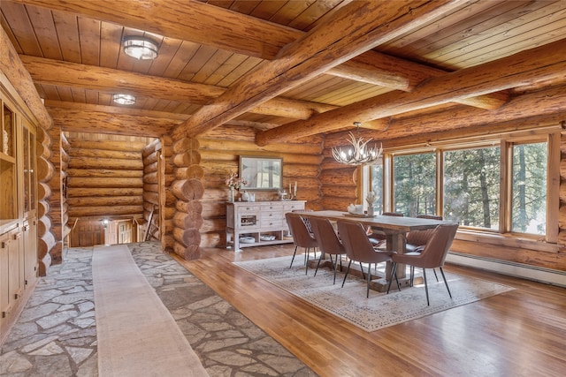 2100 Four Mile Way, Kalispell, MT 59901 - dining room featuring hardwood / wood-style flooring, a chandelier, a wooden ceiling with exposed beams, and log walls