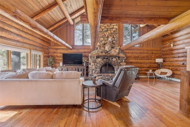 2100 Four Mile Way, Kalispell, MT 59901 - living area with wooden ceiling, log walls, wood-type flooring, and a stone fireplace