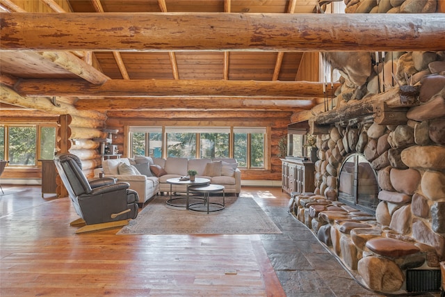 2100 Four Mile Way, Kalispell, MT 59901 - living area with log walls, wood ceiling, healthy amount of natural light, wood-type flooring, and a fireplace
