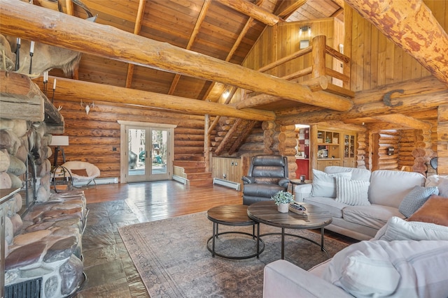 2100 Four Mile Way, Kalispell, MT 59901 - living room with a wood ceiling with exposed beams, a baseboard radiator, french doors, high vaulted ceiling, and hardwood / wood-style flooring
