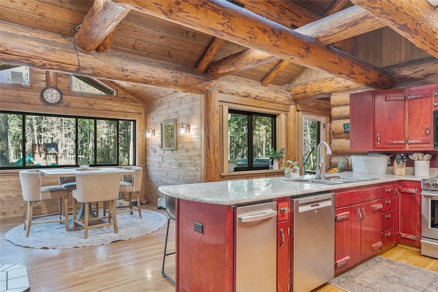 2100 Four Mile Way, Kalispell, MT 59901 - kitchen featuring appliances with stainless steel finishes, wooden ceiling, light wood-type flooring, a peninsula, and rustic walls
