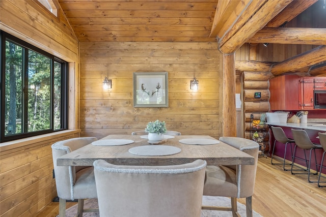 2100 Four Mile Way, Kalispell, MT 59901 - dining room featuring plenty of natural light, vaulted ceiling, wood finished floors, rustic walls, and wooden ceiling