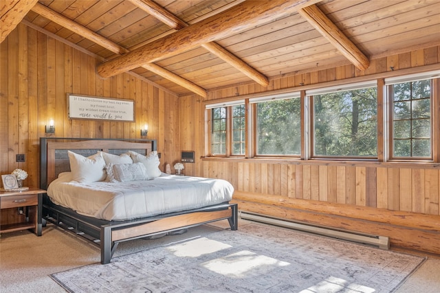 2100 Four Mile Way, Kalispell, MT 59901 - carpeted bedroom featuring baseboard heating, wood ceiling, and wooden walls