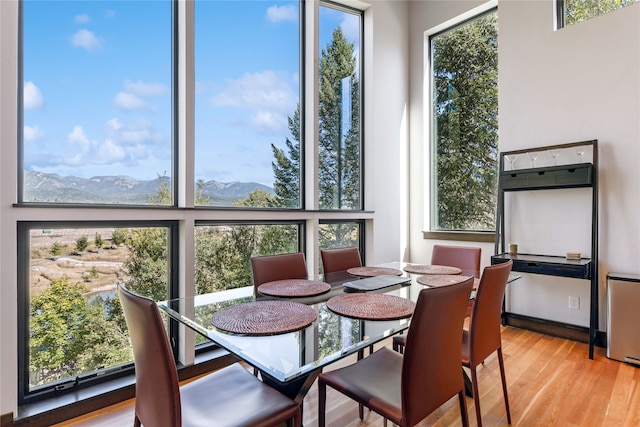 sunroom featuring a mountain view