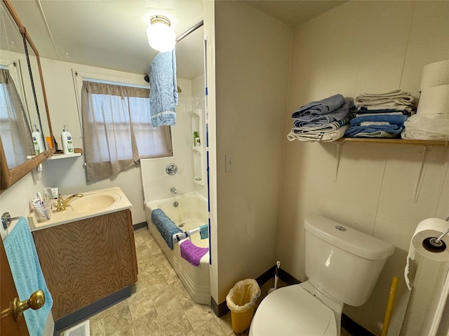 full bathroom with shower / bathing tub combination, vanity, toilet, and radiator