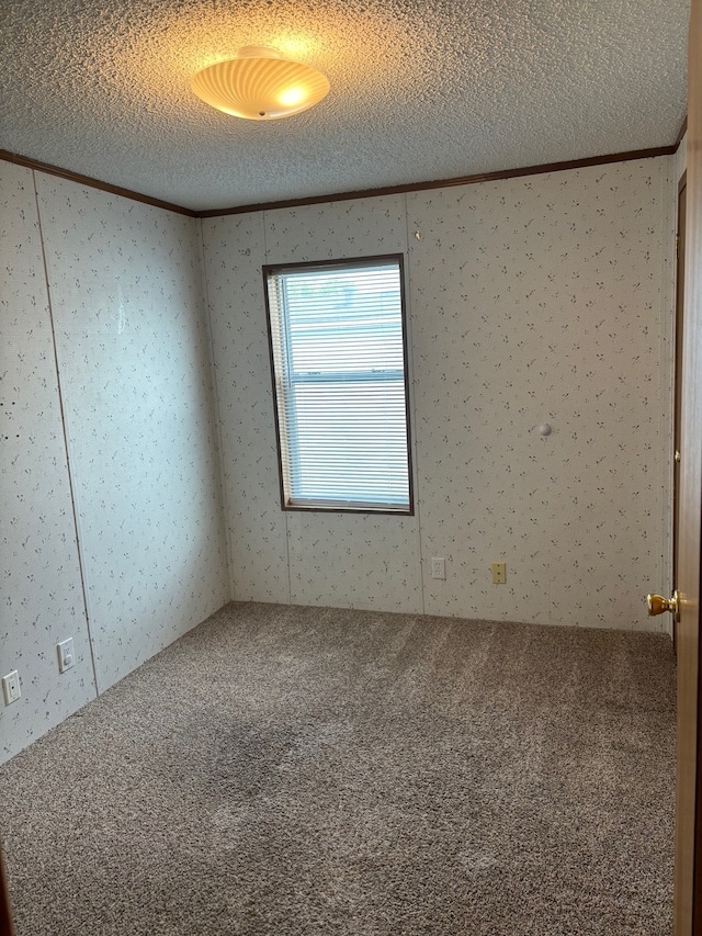 carpeted spare room with a textured ceiling and ornamental molding