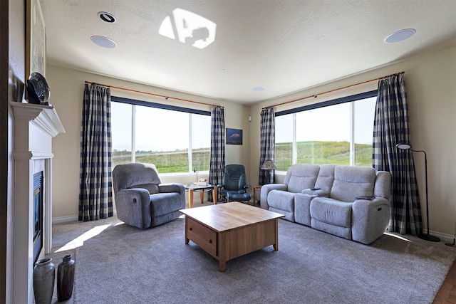 living room featuring dark carpet and a textured ceiling