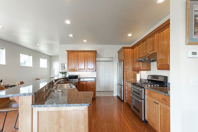 kitchen featuring appliances with stainless steel finishes, dark stone counters, a kitchen bar, and dark hardwood / wood-style flooring