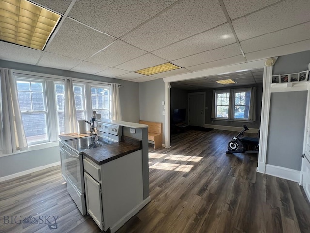 kitchen with electric stove, a drop ceiling, dark hardwood / wood-style flooring, and a wealth of natural light