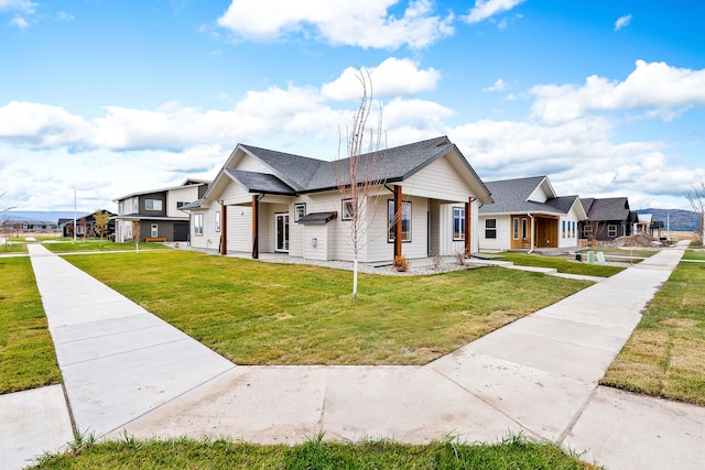 modern farmhouse featuring a residential view and a front lawn