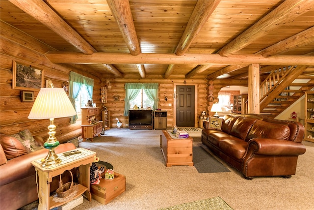 living room with beamed ceiling, wood ceiling, and rustic walls