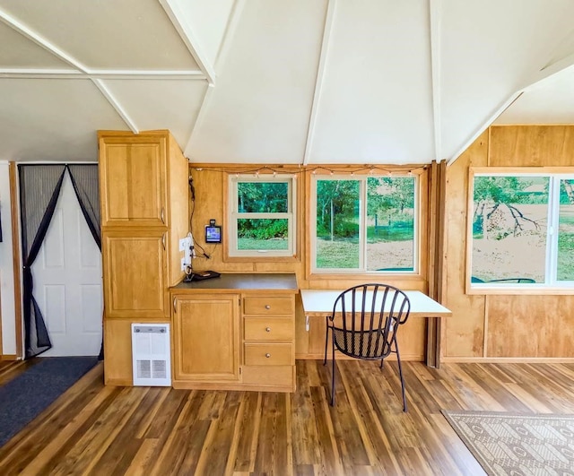 unfurnished office featuring lofted ceiling, a healthy amount of sunlight, wood walls, and dark hardwood / wood-style floors