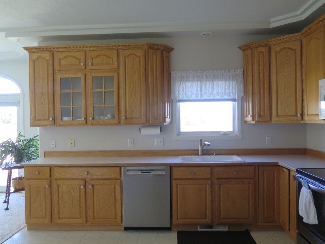 kitchen with black electric range, stainless steel dishwasher, a wealth of natural light, and sink