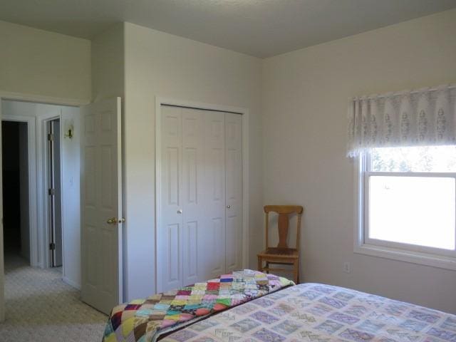 bedroom with light carpet and a closet