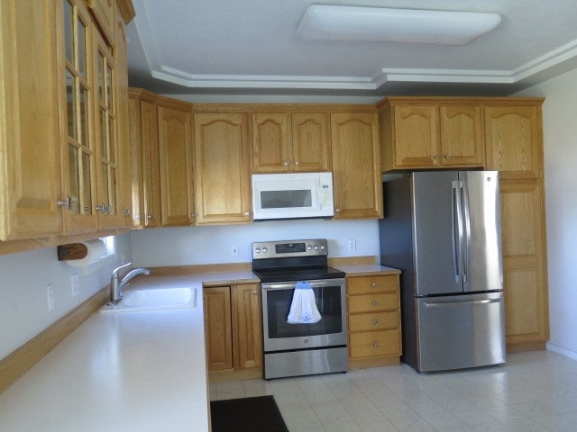 kitchen featuring stainless steel appliances, ornamental molding, and sink