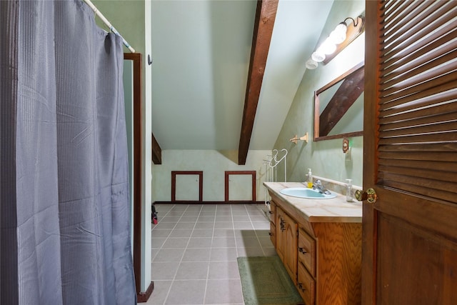 bathroom with a shower with curtain, double vanity, vaulted ceiling with beams, a sink, and tile patterned flooring
