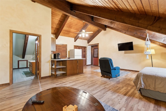 bedroom featuring lofted ceiling with beams, wood ceiling, light hardwood / wood-style flooring, and white fridge