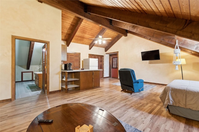 bedroom with light wood-type flooring, beamed ceiling, wooden ceiling, and freestanding refrigerator