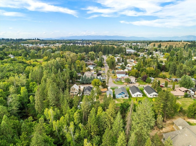 drone / aerial view featuring a residential view and a mountain view