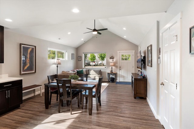 dining space with recessed lighting, baseboards, ceiling fan, and dark wood-style floors